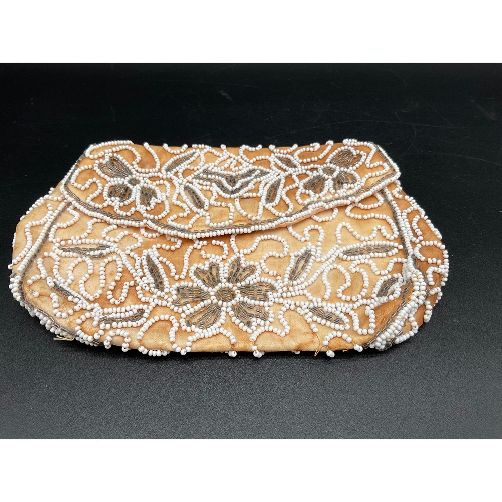 Vintage Beaded Evening Bag Clutch‎ Purse White Floral Pink Lining